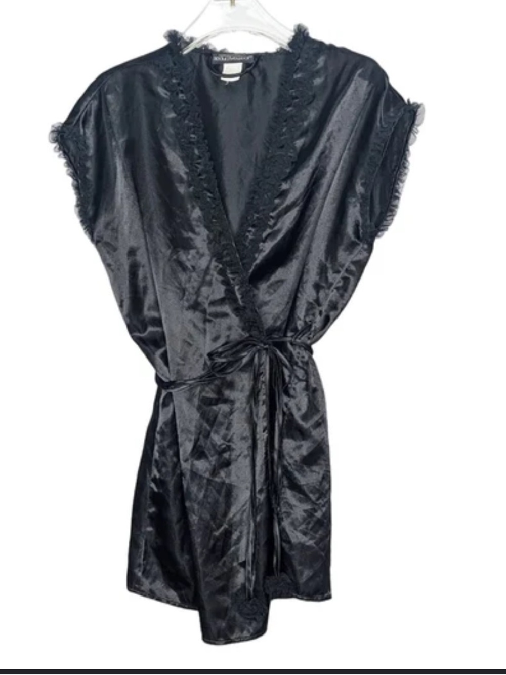 Frederick's of Hollywood Black Satin Tie-Waist Robe